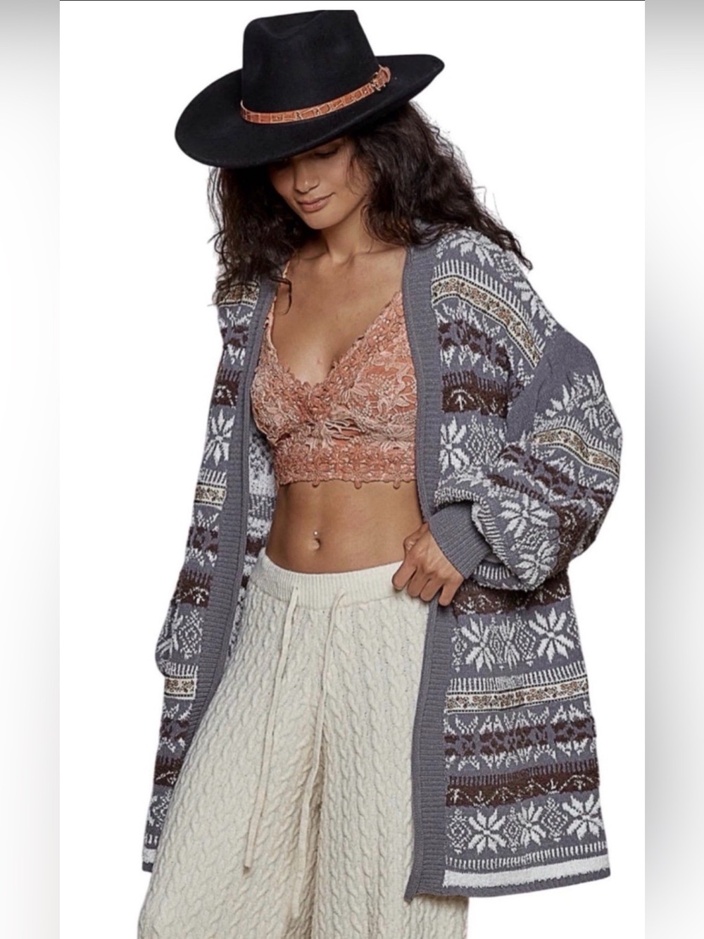 POL Oversized Gray Fair Isle Open Cardigan Sweater size Large
